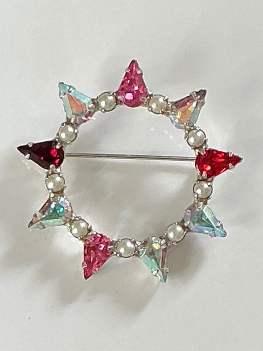 Vintage B. David Mother's Pin Aurora Borealis Rhinestones Pearls & Silver